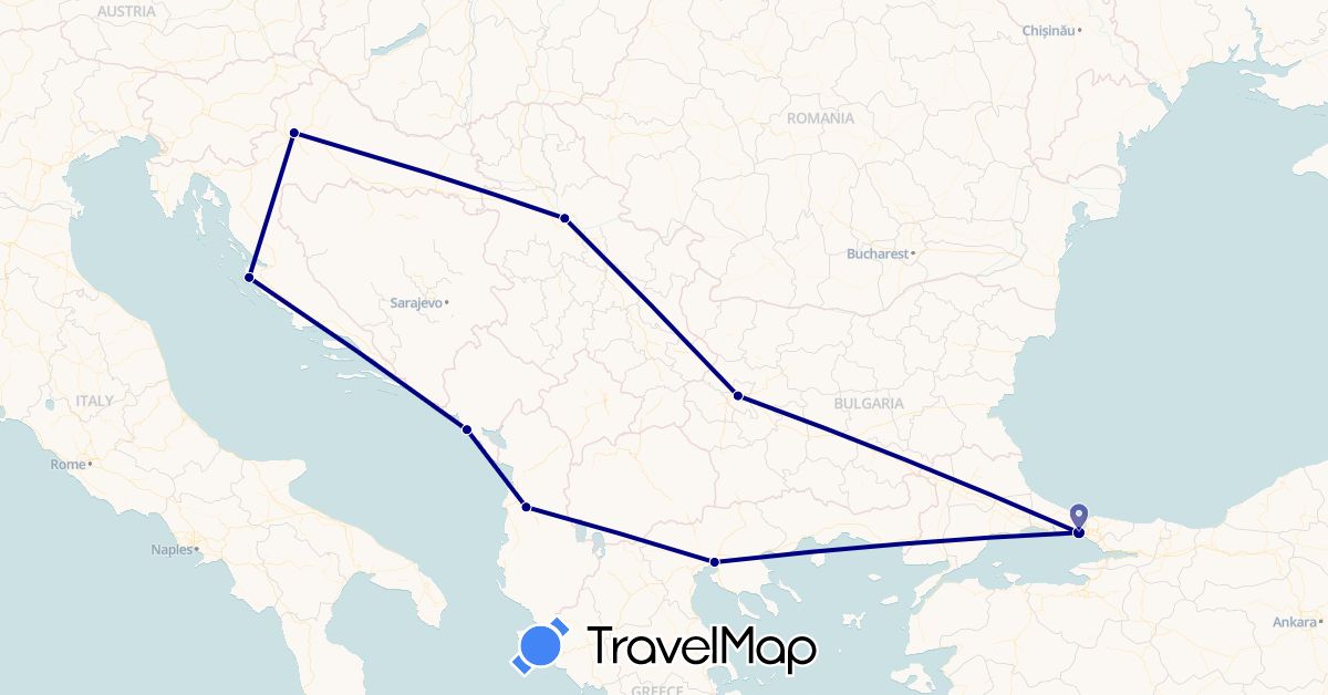 TravelMap itinerary: driving in Albania, Bulgaria, Greece, Croatia, Montenegro, Serbia, Turkey (Asia, Europe)